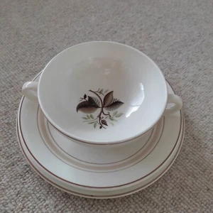Vintage Bristol China Poutney '1695' Soup Dish/Cup Trio Brown Leaf Design VGC - Picture 1 of 7
