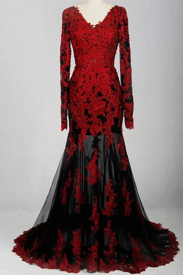 Vestidos de noiva góticos preto e vermelho sereia apliques de renda vintage sem costas - Imagem 1 de 4