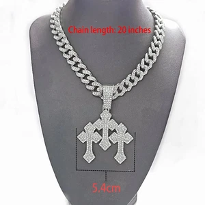 Stacked Cross Pendant Necklace Cuban Chain 13mm Rhinestone Hip Hop Men Jewelry - Picture 1 of 17