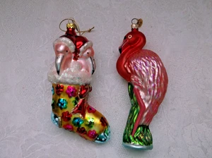 Pair of Vintage Pink Flamingo Christmas Ornaments - Picture 1 of 6