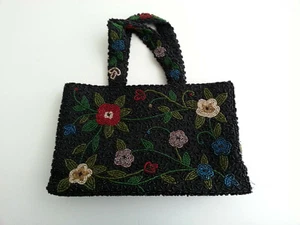 Vintage PIERRE URBACH Black Hand Beaded Flower Pattern Sequin Box Purse - Picture 1 of 3