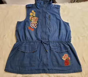 New Look Women Plus Size 1X Full Zip Denim Embroidered Shirt Vest Jacket AAA-17 - Picture 1 of 14