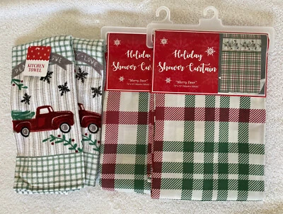NUEVO CON ETIQUETAS 2 Cortinas de Ducha de Navidad y 2 Toallas de Plato Lote de 4 Artículos Rojo y Verde Foto 1 de 4
