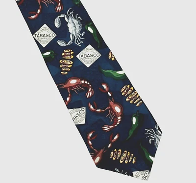Corbata Tabasco Azul Marino Patrón Marisco 100% Seda EE. UU. Novedad Cangrejo Cangrejo Hervir Foto 1 de 4