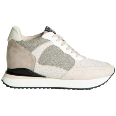 Sneakers bassa donna Corina M4550 in pelle e tessuto glitter beige e argento fon - Immagine 1 di 2