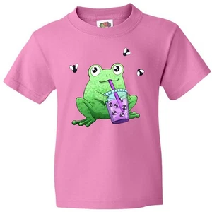 Inktastic Boba Toad Cute Frog With Tea Youth T-Shirt Animals Amphibian Flies Pun - Picture 1 of 7