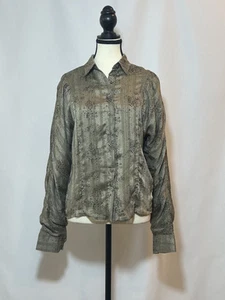 Maple & Cliff Metallic Printed Button-Up Blouse – Olive Green – Size L - Picture 1 of 4