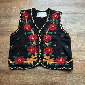 Erika handgestrickte Weihnachtsweste, schwarz mit Spitzstern und Goldrand, Medium - Bild 1 von 10