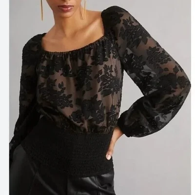Blusa Lechera Anthropologie Negra Encaje Terciopelo XL Hada Gótica Oscura Romántica Foto 1 de 4