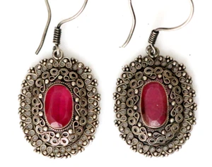 Lovely Sterling Silver Ethnic Filigree Earrings Ruby Stone Handmade 925 Jewelry - Picture 1 of 5