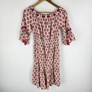 French Connection Dress Womens 8 Pink Floral Off Shoulder 3/4 Sleeve Pom Pom - Picture 1 of 7