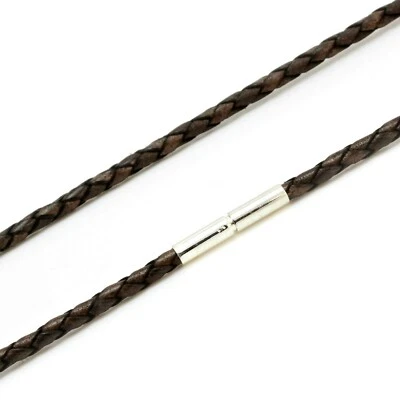 Collar para hombre - Cuero trenzado genuino - Cierre giratorio de plata de ley - Marrón antiguo Foto 1 de 3