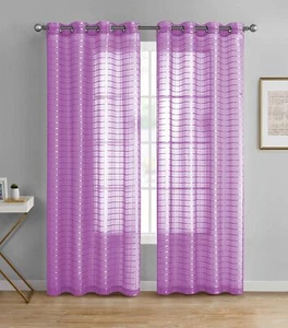 Single Sheer Window Curtain Panel 90" L Plaid/Check Design Metal Grommet 55Wx90L - Picture 1 of 11