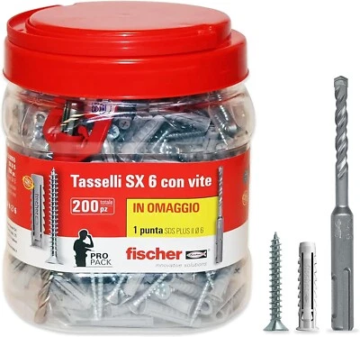 FISCHER PROMO BARATTOLO PZ.200 TASSELLO NYLON CON VITE SX 6 S E PUNTA SDS PLUS D - Immagine 1 di 3