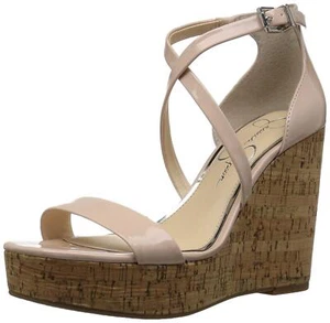 Jessica Simpson Stassi Nude Patent Leather Cork Wedge Platform Strappy Sandals - Picture 1 of 6