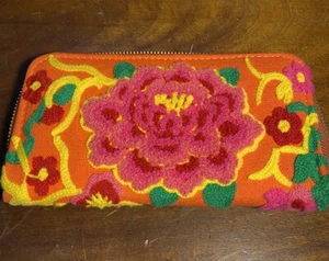 Embroidered Zip Around Wallet 8x4 Orange, Pink Boho Joyful - Picture 1 of 5