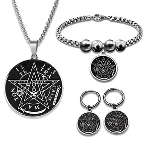 Tetragrammaton 3-teiliges Schmuckset 316L Stahl Pentagramm Halskette Armband Ohrringe - Bild 1 von 10