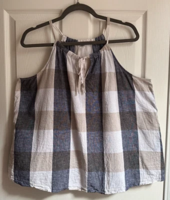 Топ безрукавка женский Old Navy XL льняная смесь синий желтовато-коричневый кремовый клетчатый с бретелью через шею галстук - Изображение 1 из 4