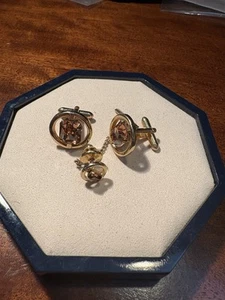 Swank Cufflinks Tie Pin Set Topaz Colored Faceted Glass Gold Tone Round - Picture 1 of 7