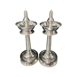 925 Sterling Silver Hallmarked Bamboo Style Kerala Kuthu Vilakku Pair -Style#02 - Picture 1 of 8