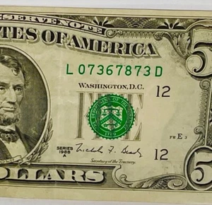1988 A- Repeater Five Dollar Bill Fancy Number L07367873D - Picture 1 of 4