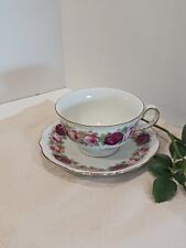Vintage Bavarian Porcelain Teacup & Saucer Rose Pattern & Gold Trim Says "Mor"