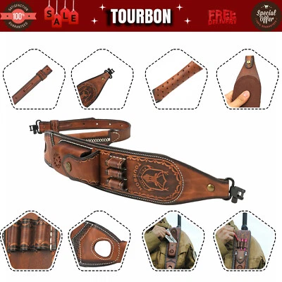TOURBON Leather Rifle Sling Gun Ammo Carry Strap w/Knife Sheath Pocket w/Swivels - Image 1 of 4