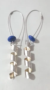 Fabulous Unusual Artistic Real Lapis Lazuli Long Drop Earrings 925 Silver #22417 - Picture 1 of 24