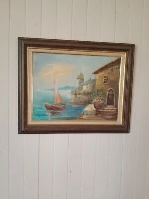 Vintage Oil Painting Signed Aaron  Framed Hanging Picture Italy Marine Seascape - image 1 of 4