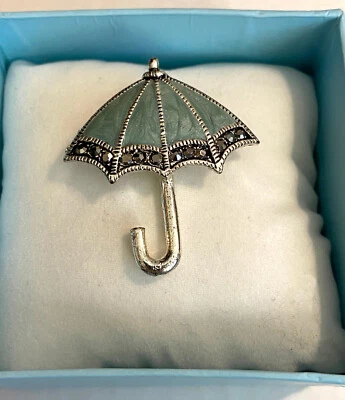 Broche Prendedor Paraguas 1.5" Tono Plata Azul/Verde Esmalte Marcasita NUEVO con Caja Foto 1 de 4