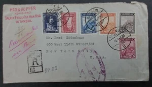1930 Turkey Registd Cover ties 6 stamps canc Istanbul to New York USA - Picture 1 of 3