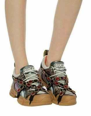 NUEVO EN CAJA Gucci Para Mujer EU 34.5 Flashtrek Cuero Grueso Zapatilla Desmontable Cristales Foto 1 de 4