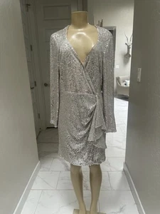 Belle Badgley Mischka Sequin Mini Dress Silver Long Sleeve Glam Ruffle Sz 12 - Picture 1 of 5