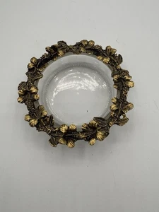 Vintage GRESCO Gold Gilt Hibiscus Flowers Glass Pin Jewelry Trinket Dish Ormolu - Picture 1 of 3