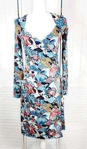 BCBG Paris Blue Pink Floral Faux Wrap Dress Womens Medium Long Sleeve Vintage - Picture 1 of 9