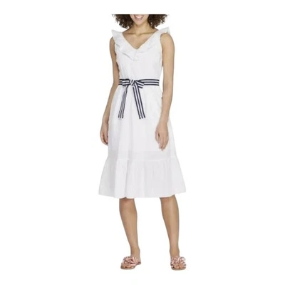 Vestido midi Vineyard Vines blanco con volantes cuello en V cinturón a rayas para mujer talla mediana Foto 1 de 4