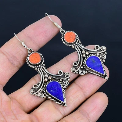 Lapis Lazuli Red Coral Ethnic 925 Sterling Silver Tibetan Nepali Earring 2.8" O8 - Image 1 of 4
