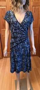 Connected Apparel Womens Sheath Dress Size 12 Blue Print Black Trim - Picture 1 of 15