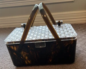 Vintage MCM Brown Amber Clear Diamond Cut Top Sewing Craft Box Handles - Picture 1 of 6