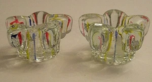 2 Glass Candle Holders Clear with Red Yellow Blue Stripes Star Flower EUC CE - Picture 1 of 5