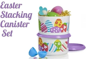 Tupperware Easter egg Design Stacking Canisters Set of 2 Purple Seals New - Picture 1 of 5