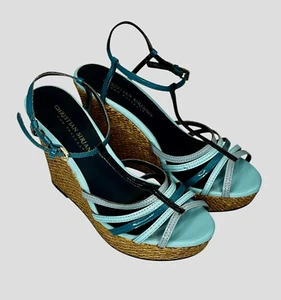Vintage Cristian Seriano for Payless Strappy Wedges Sandals Blue Size 6.5 - Picture 1 of 11