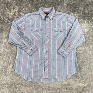 Vintage Rustler Western Shirt 18X34 Blue Striped Pearl Snap Long Tail 80s Cowboy - Picture 1 of 13