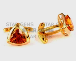 Natural Citrine Gemstone 14k Gold Plated Silver Cufflink For Men's CF53 - Picture 1 of 2