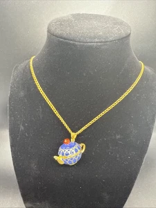 Tea Pot Necklace, Blue Enamel Tea Pot Alice in Wonderland Necklace - Picture 1 of 14