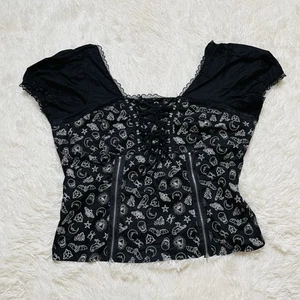 Hot Topics Shirt Women 3X Black White Skull Lace Up Zip Front Short Sleeve XXXL - Picture 1 of 6