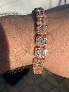 Men’s Rose Gold Plated Real Solid 925 Silver Baguette Tennis Bracelet Flooded CZ - Picture 1 of 11