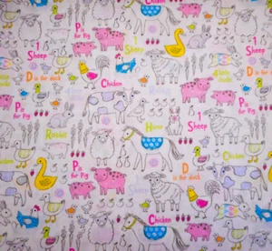 Nursery Fabric By Half-Yard Farm Animals Letters Numbers on White Baby Cotton - Picture 1 of 2
