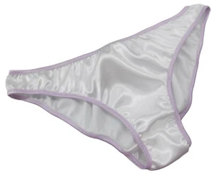 WEISS glänzendes SATIN Höschen FLIEDER Besatz BIKINI SLIP uni schlicht Made in France - Bild 1 von 1
