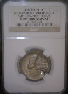 ERROR NGC MS64 Multi Struck Indent + HUGE Broad Strk Jefferson Nickel CH BU Coin - Image 1 of 4